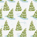 Seamless new year pattern with Christmas trees in the snow.